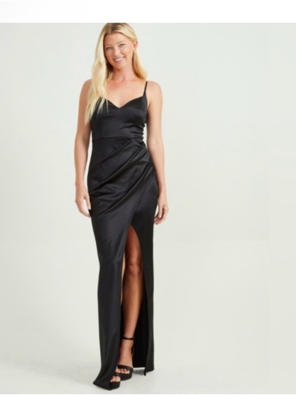 Altar'd State Black Satin Spaghetti-Strap Maxi Dress with Front Slit